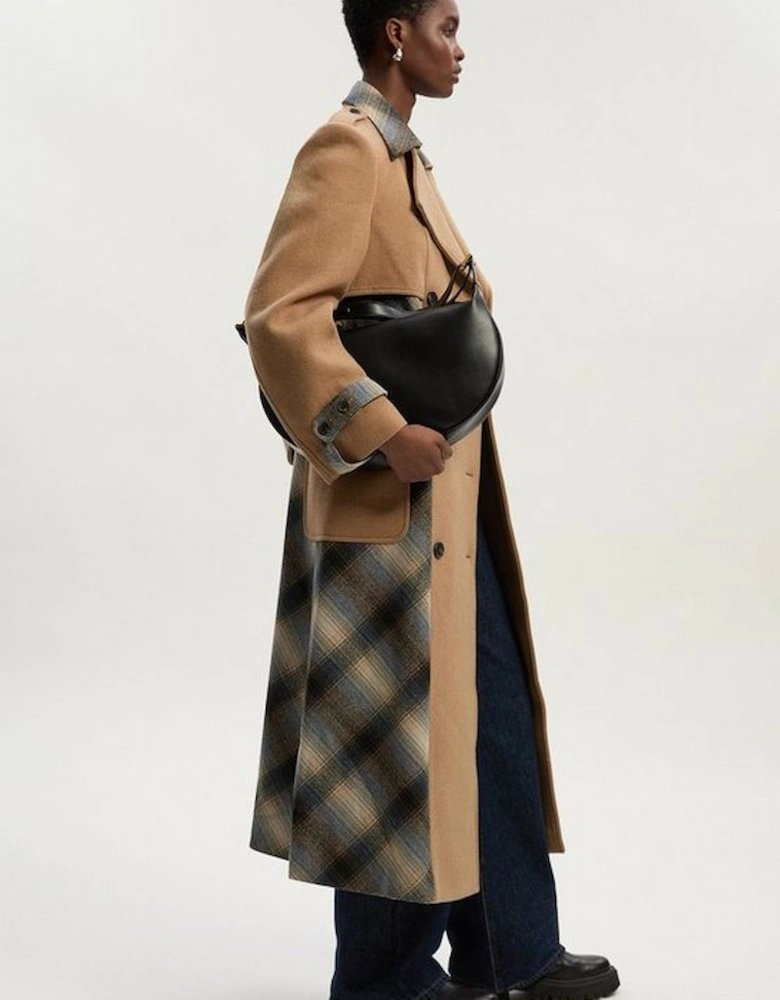 Wool Check Tailored Belted Trench Midi Coat