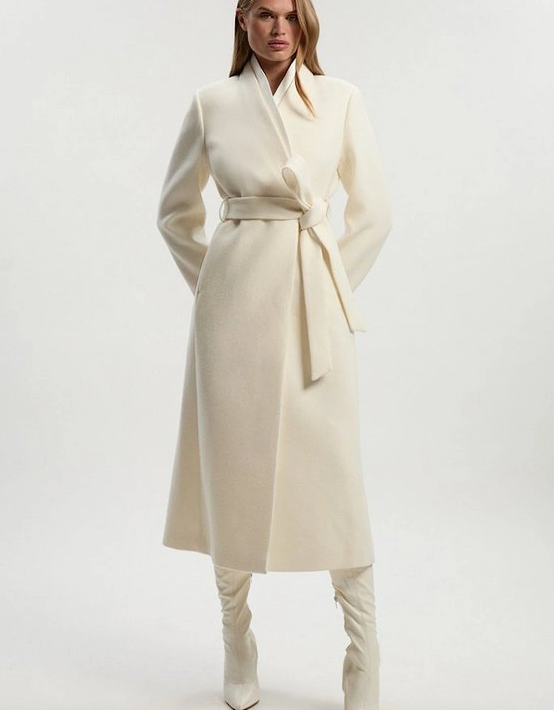 Brushed Wool Satin Mix Belted Wrap Neck Tailored Midi Coat, 2 of 1