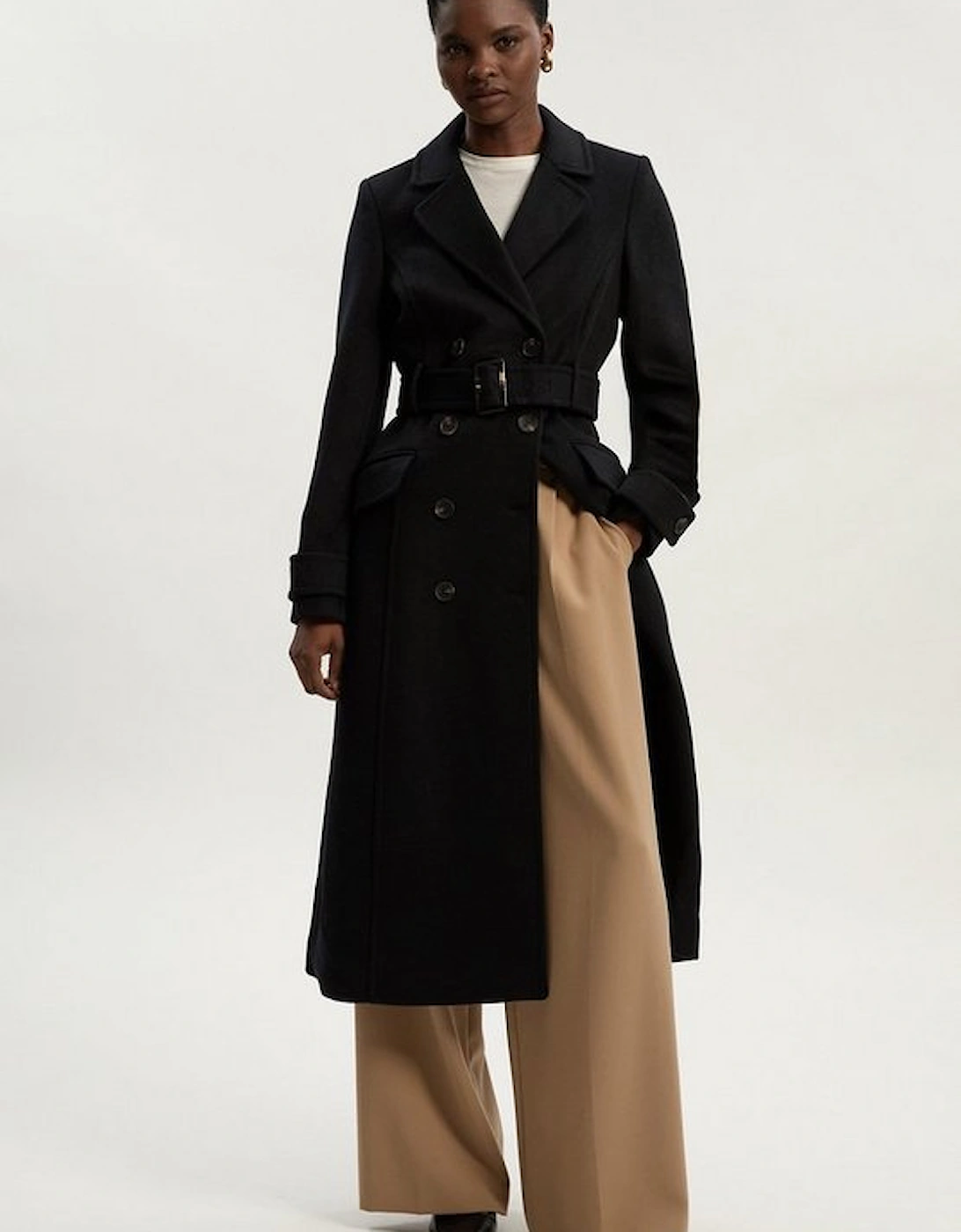 Tailored Wool Blend Double Breasted Buckle Belted Midi Coat, 2 of 1