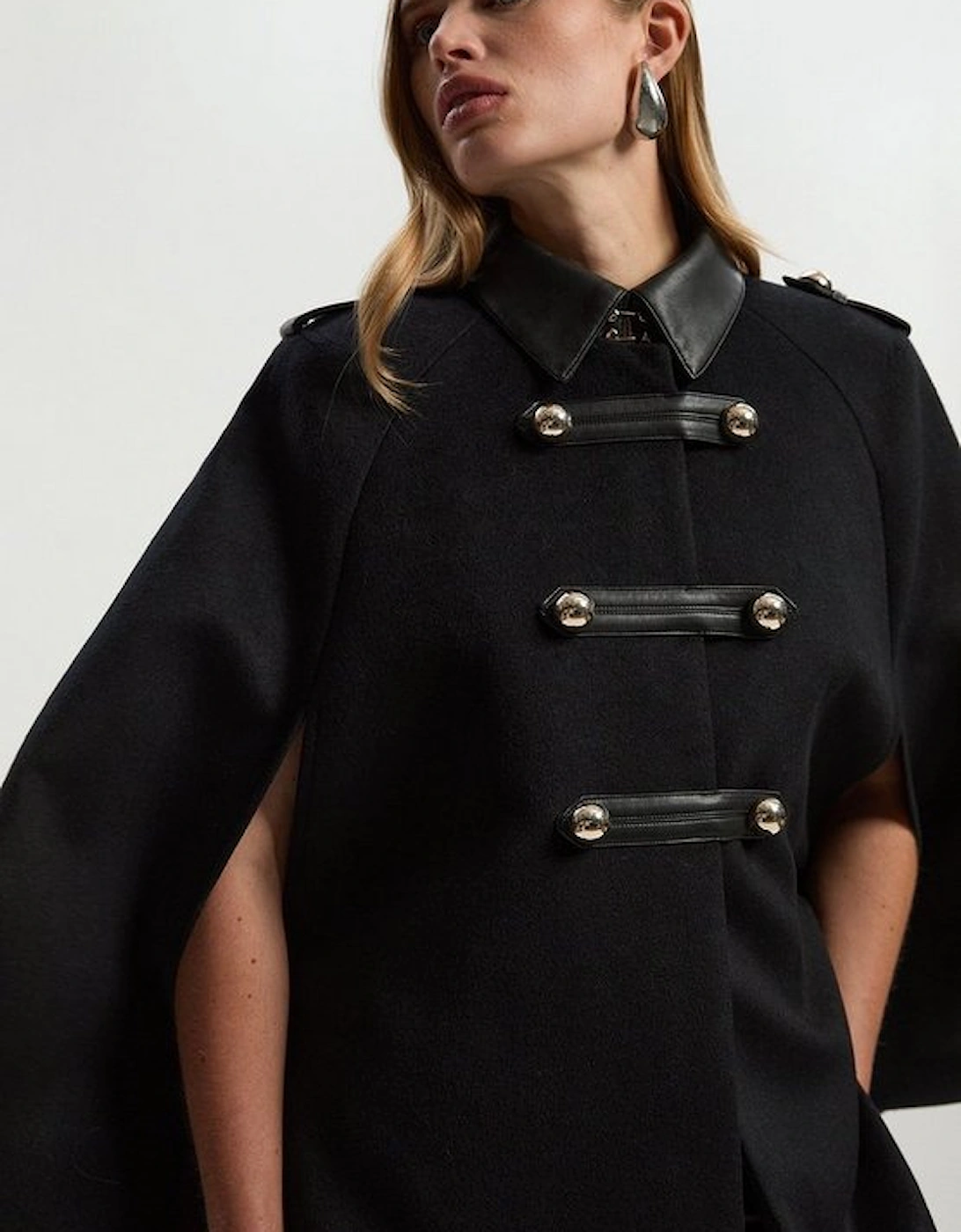 Brushed Wool PU Mix Tailored Cape Short Coat, 2 of 1