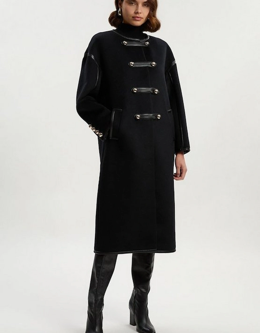 Petite Brushed Wool PU Mix Tailored Collarless Midi Coat, 2 of 1