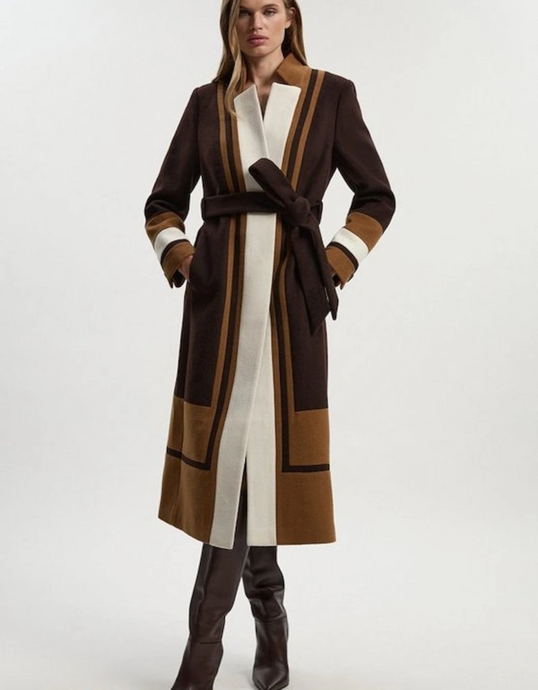 Brushed Wool Colour Block Tailored Belted Midi Coat