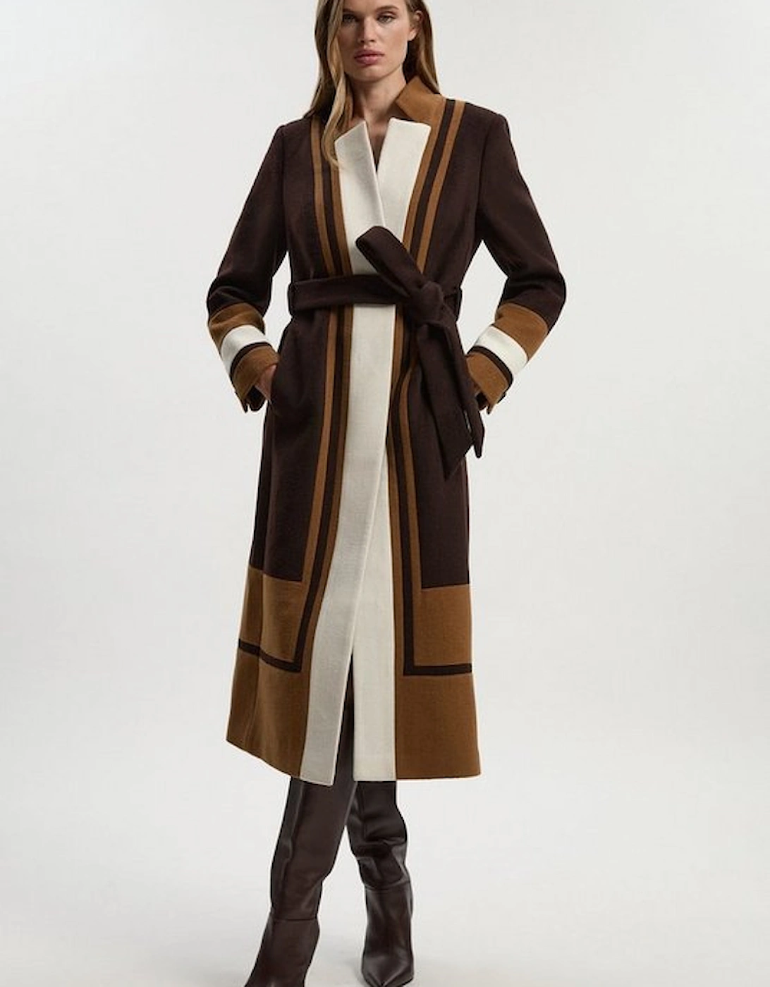Brushed Wool Colour Block Tailored Belted Midi Coat, 2 of 1