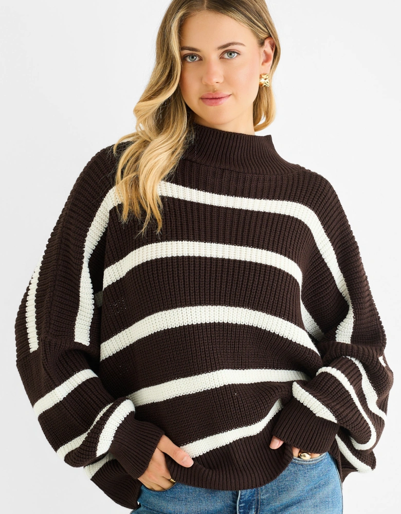 Chocolate Chunky Knit High Neck Jumper