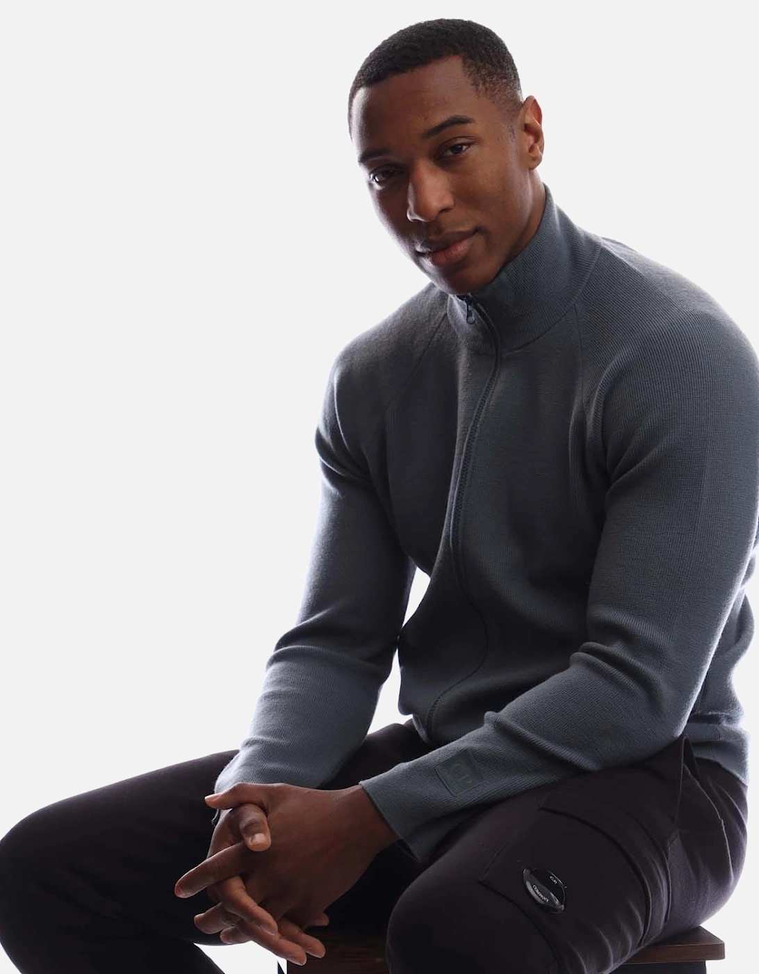 CP Company Men's Extrafine Merino Wool Full Zip Sweater - Blue - Size: 44