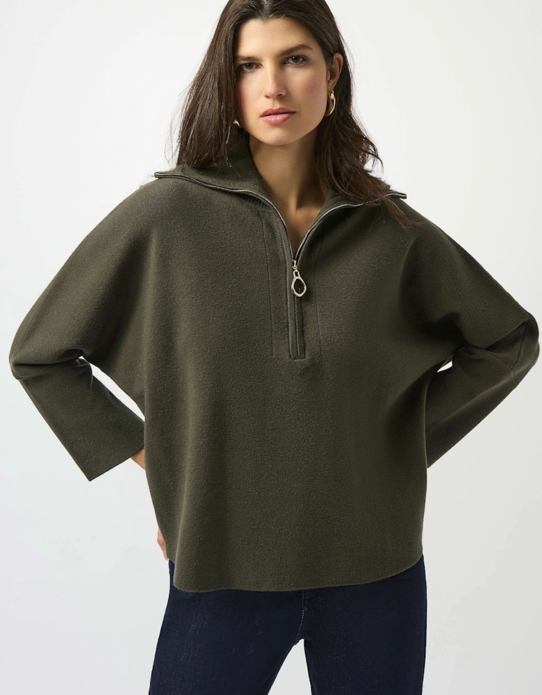Sweater knit boxy pullover with zipped collar in avocado