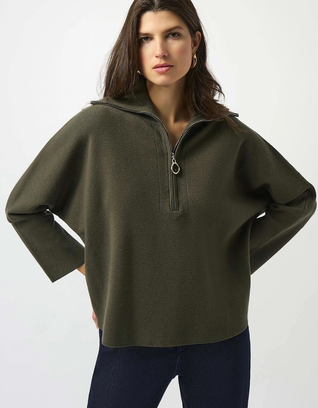 Sweater knit boxy pullover with zipped collar in avocado