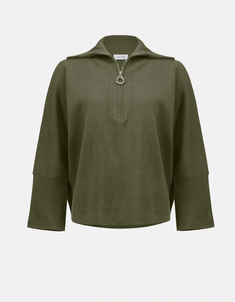 Sweater knit boxy pullover with zipped collar in avocado