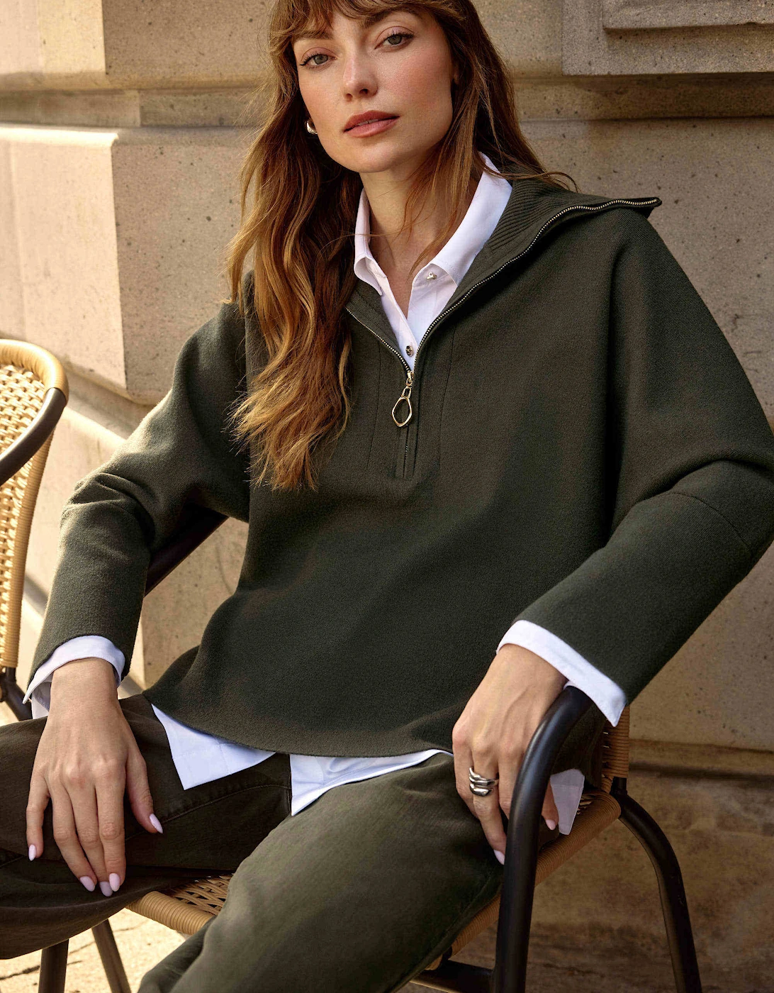 Sweater knit boxy pullover with zipped collar in avocado, 7 of 6