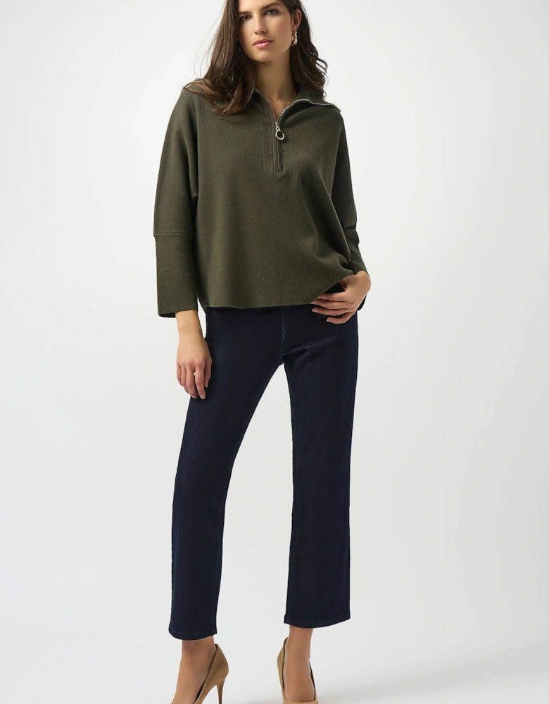 Sweater knit boxy pullover with zipped collar in avocado
