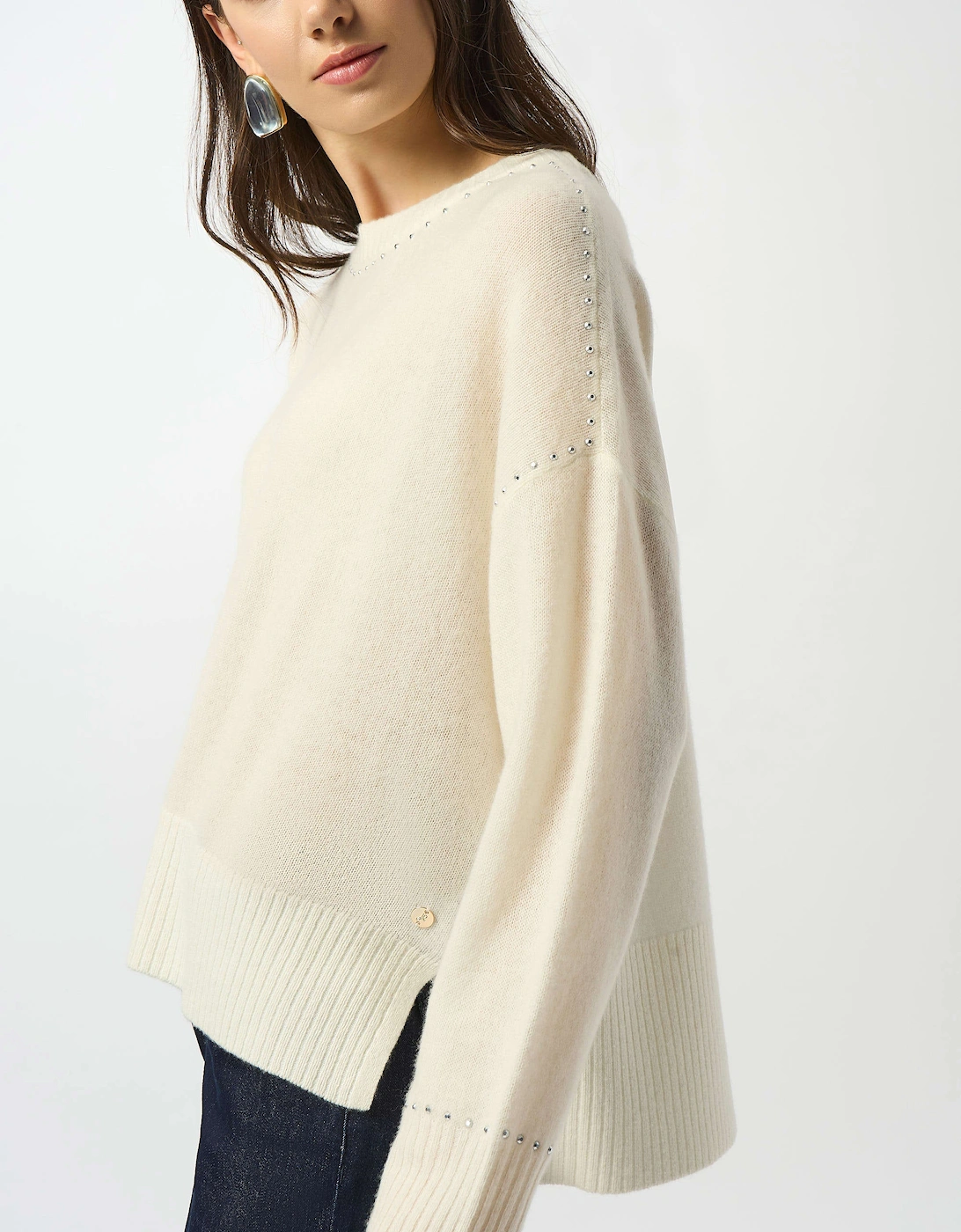 Joseph Ribkoff Women's Cashmere crew neck top with stud detailing - Tan - Size: 14