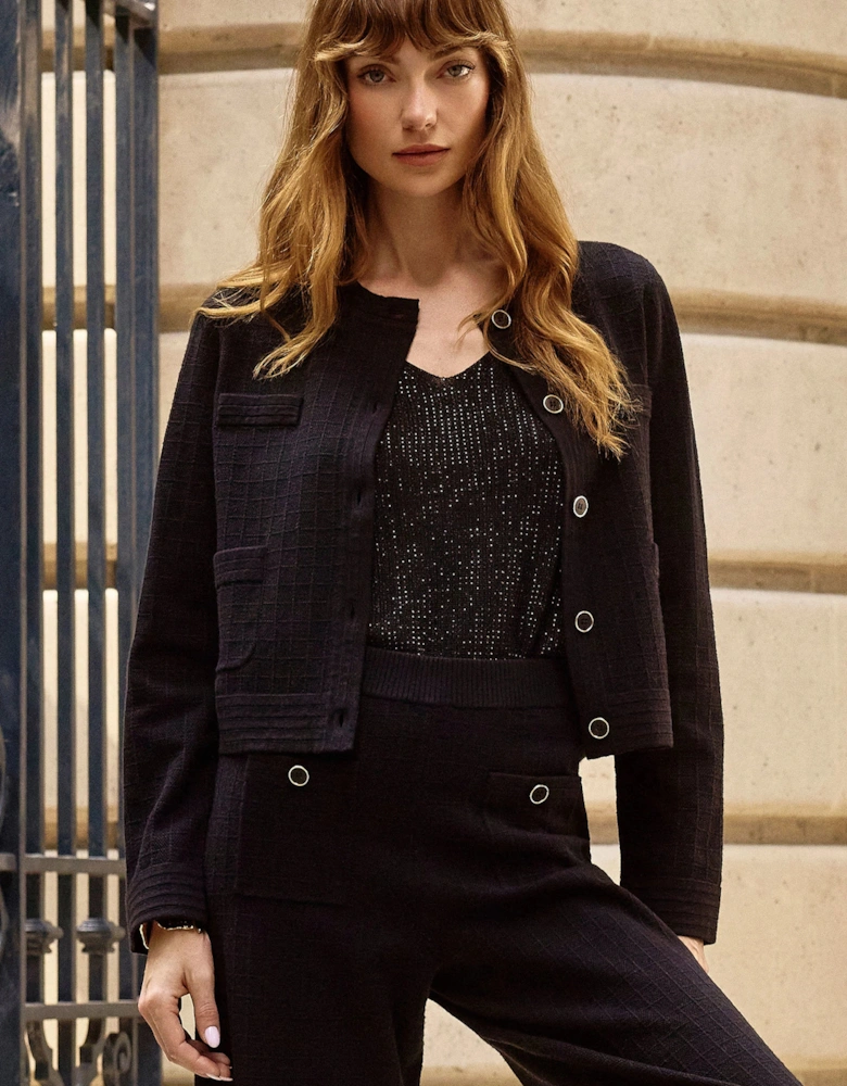 Sweater knit crew neck button front jacket
