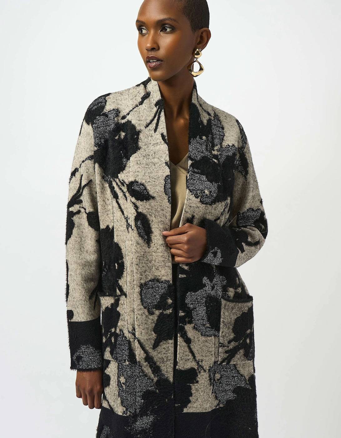 Abstract jacquard sweater knit long cardigan