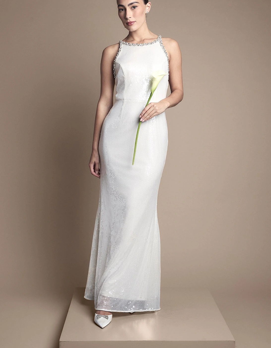 Sequin Fishtail Maxi Wedding Dress with Diamante Trim Straps and Neckline, 2 of 1