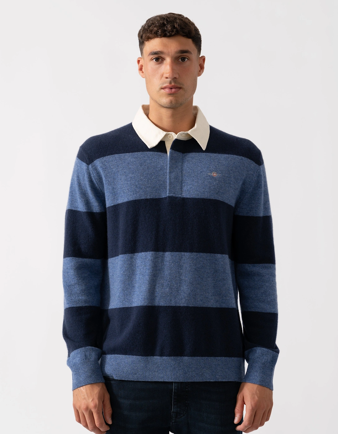 Mens Extrafine Lambswool Striped Long Sleeve Polo - 410 Marine, 6 of 5
