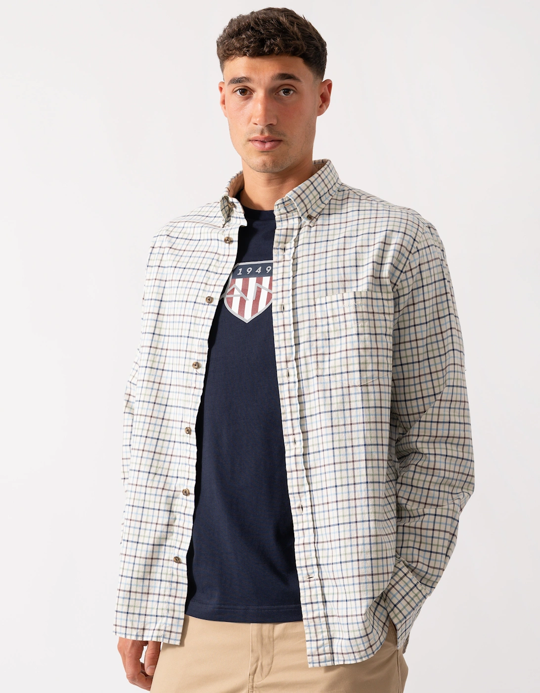Mens Long Sleeve Twill Check Shirt - 427 Clear Sky, 2 of 1