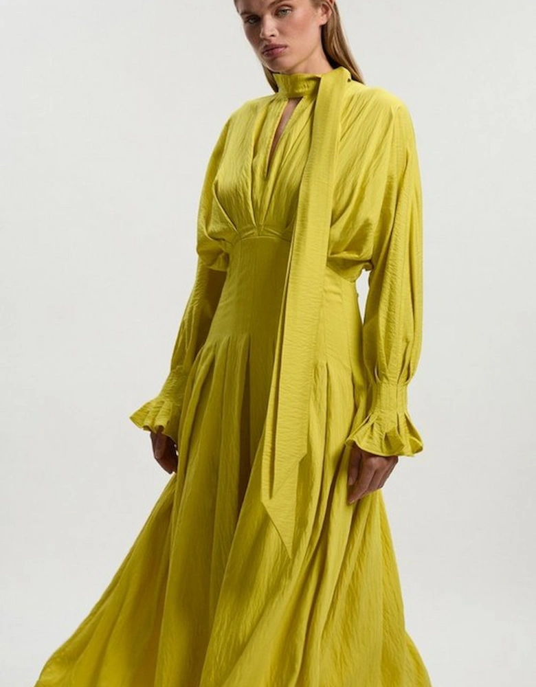 Pleated Neck Tie Detail Woven Maxi Dress