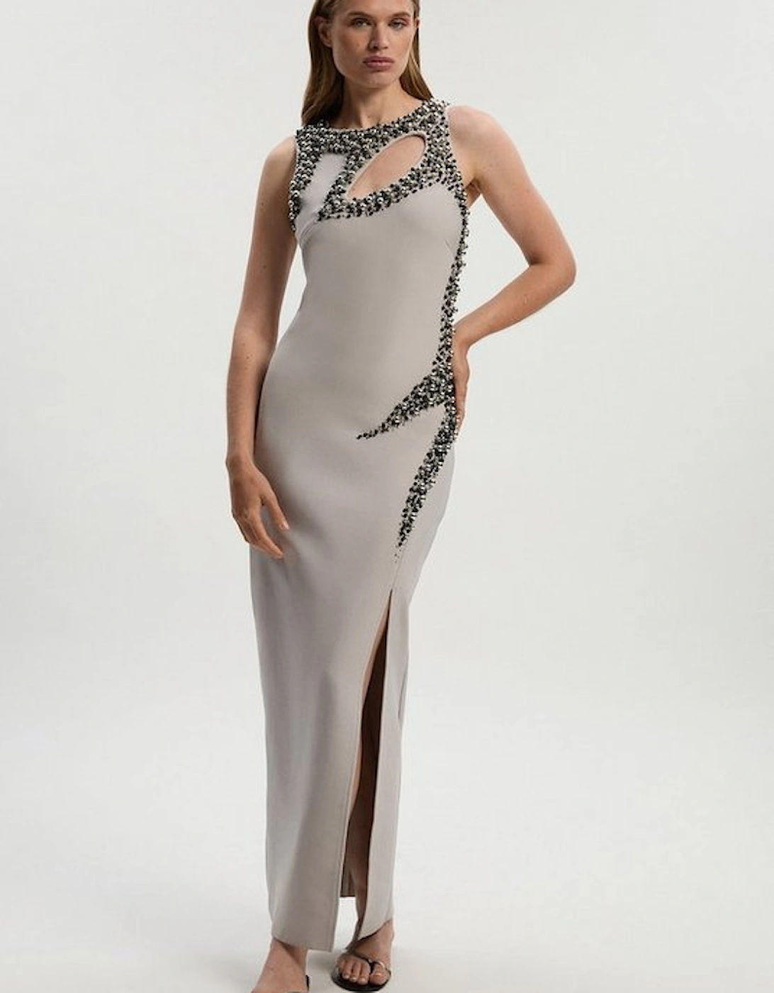 Embellished Figure Form Bandage Sleeveless Knit Maxi Dress