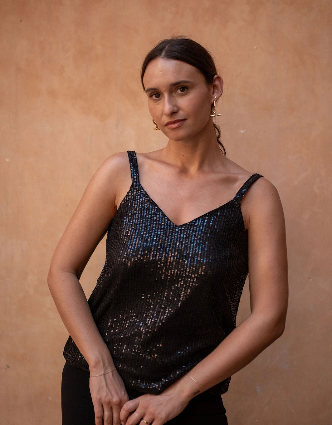 Gini London Women's Black Sequin V Neck Cami Top - Size: S-M uk 8-10/us 4-6/eu 36-38