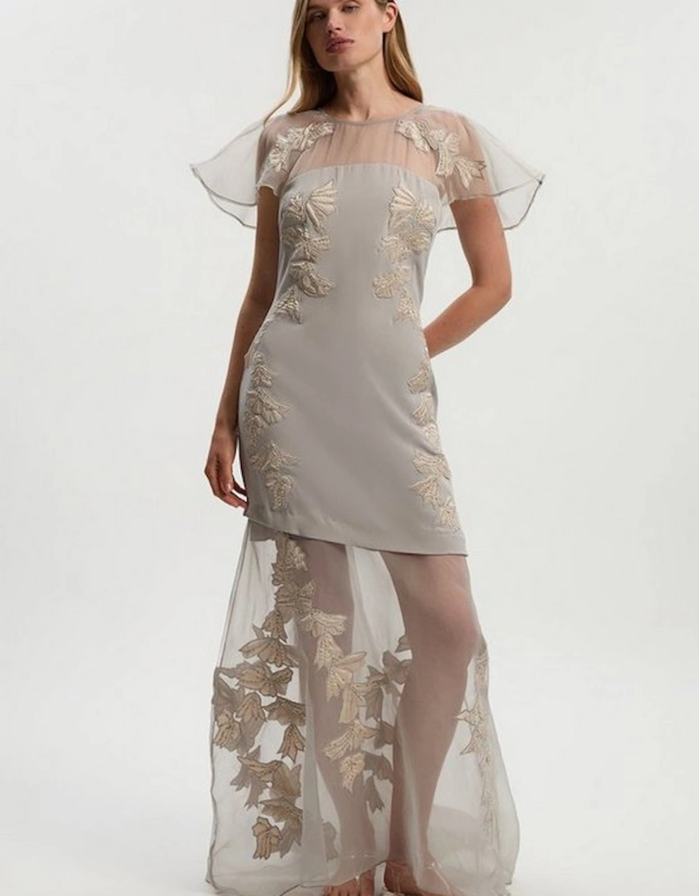 Tall Quilted Applique Organdie Angel Sleeve Woven Maxi Dress