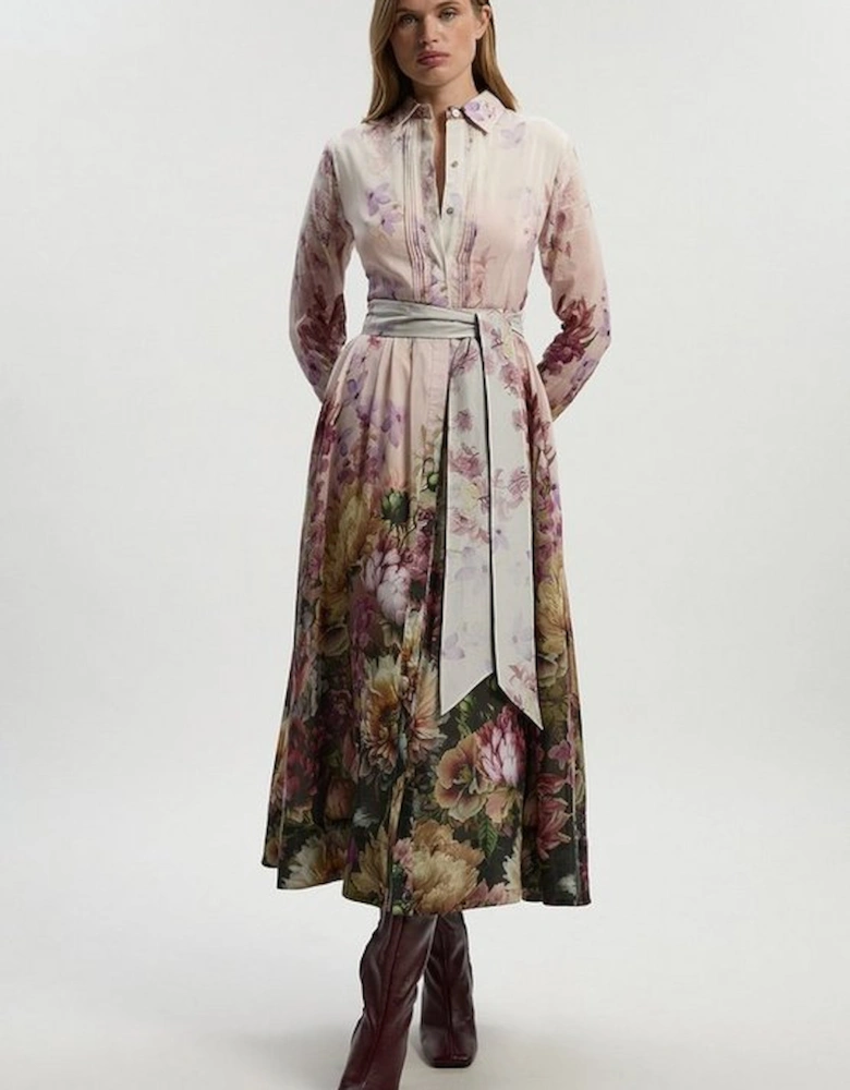 Petite Floral Print Silk Cotton Long Sleeve Woven Maxi Dress