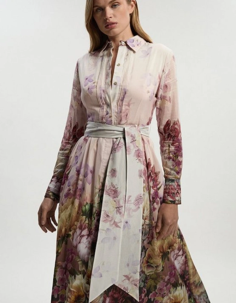 Petite Floral Print Silk Cotton Long Sleeve Woven Maxi Dress