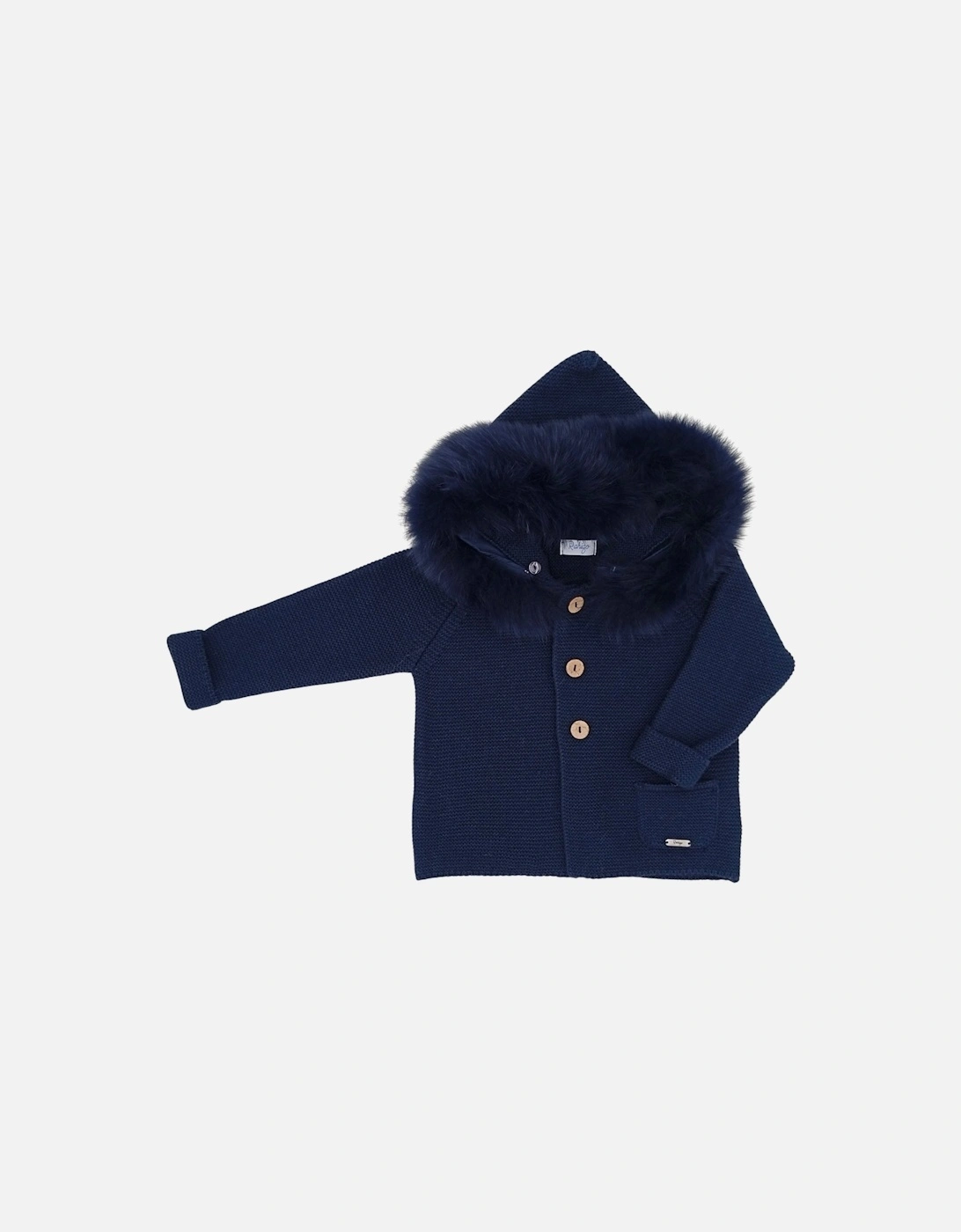 Boys Navy Knit Fur Trim Cardigan, 2 of 1