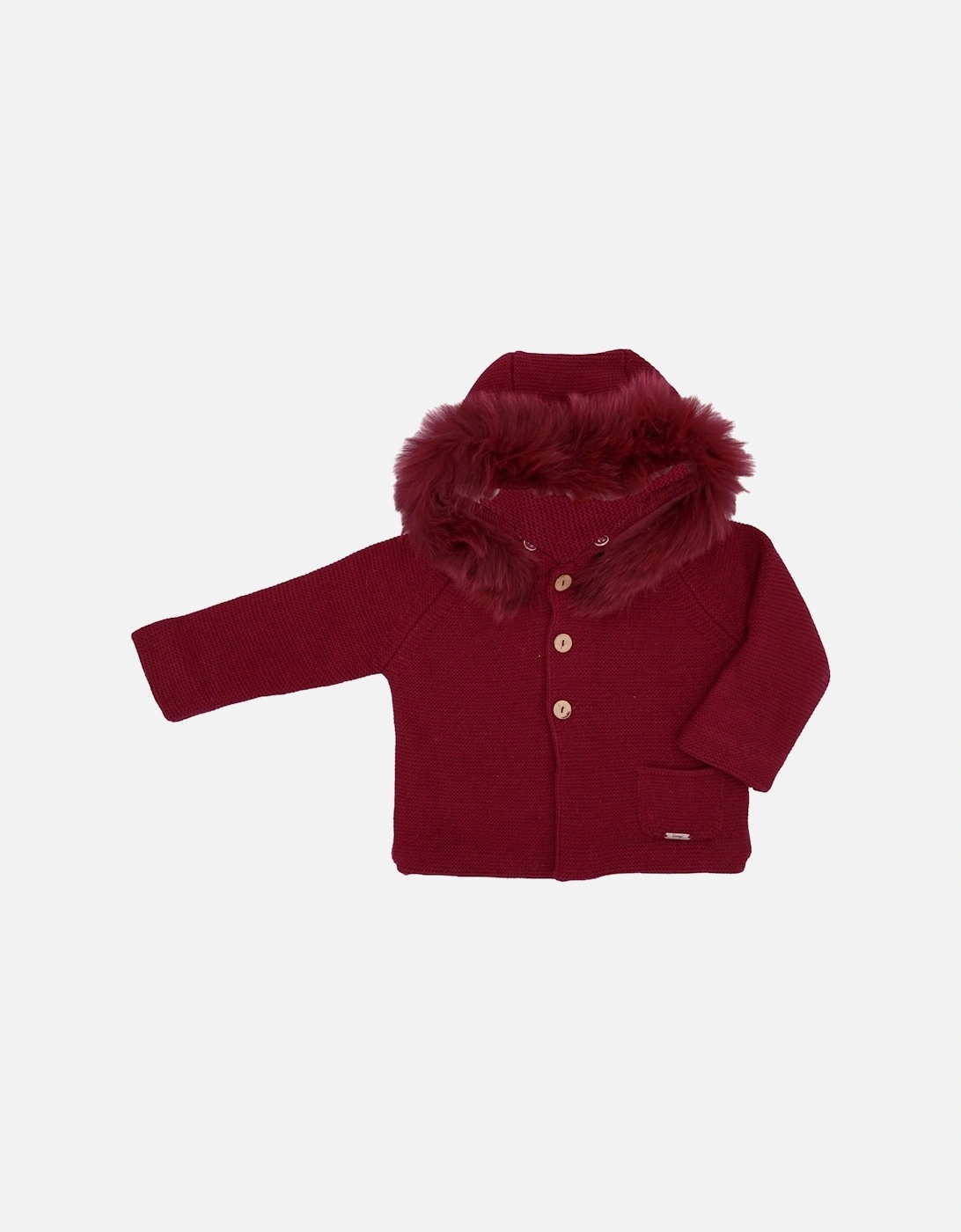 Girls Dark Red Knit Fur Trim Cardigan, 2 of 1
