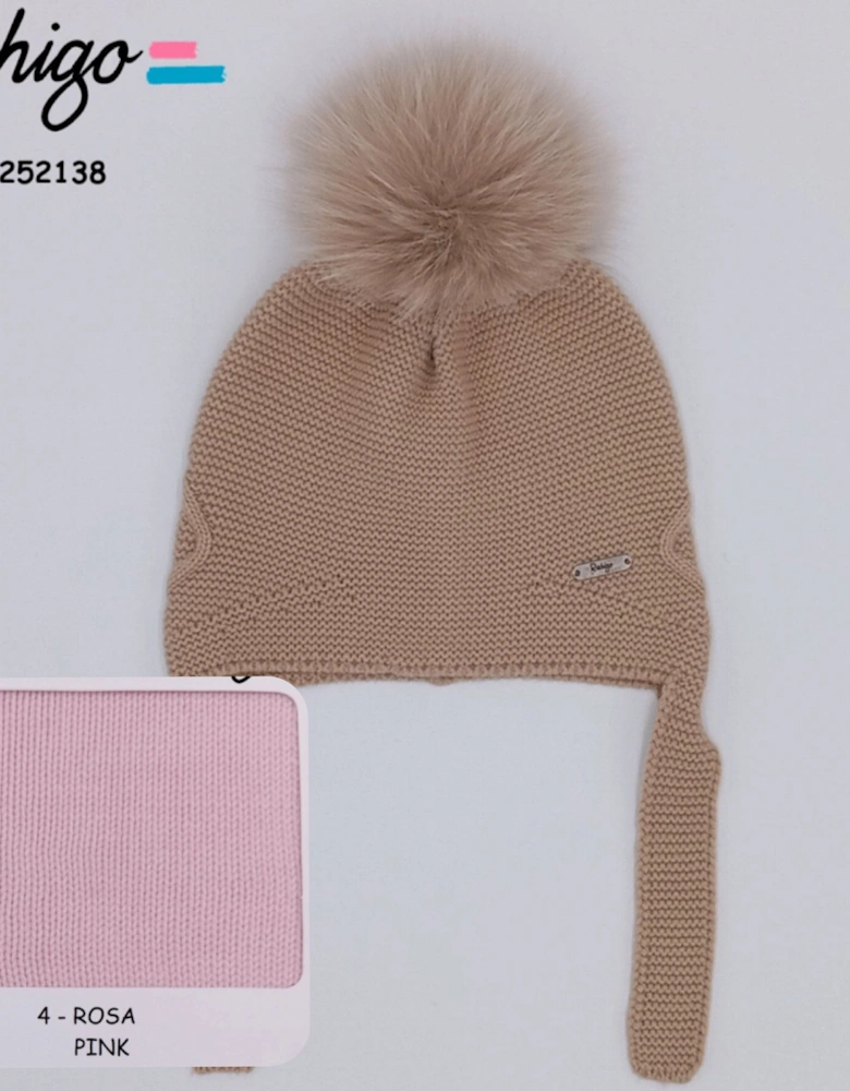 Girls Pink Knit Fur Tie Hat