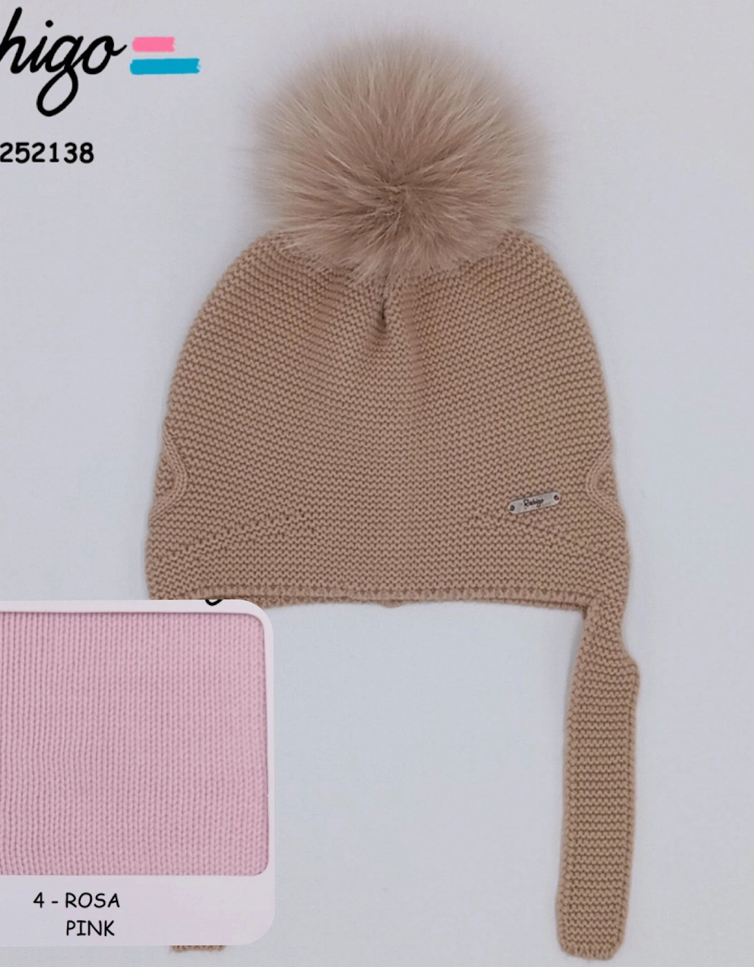 Girls Pink Knit Fur Tie Hat, 2 of 1