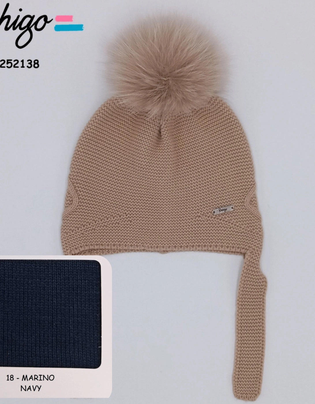 Boys Navy Knit Fur Tie Hat, 2 of 1
