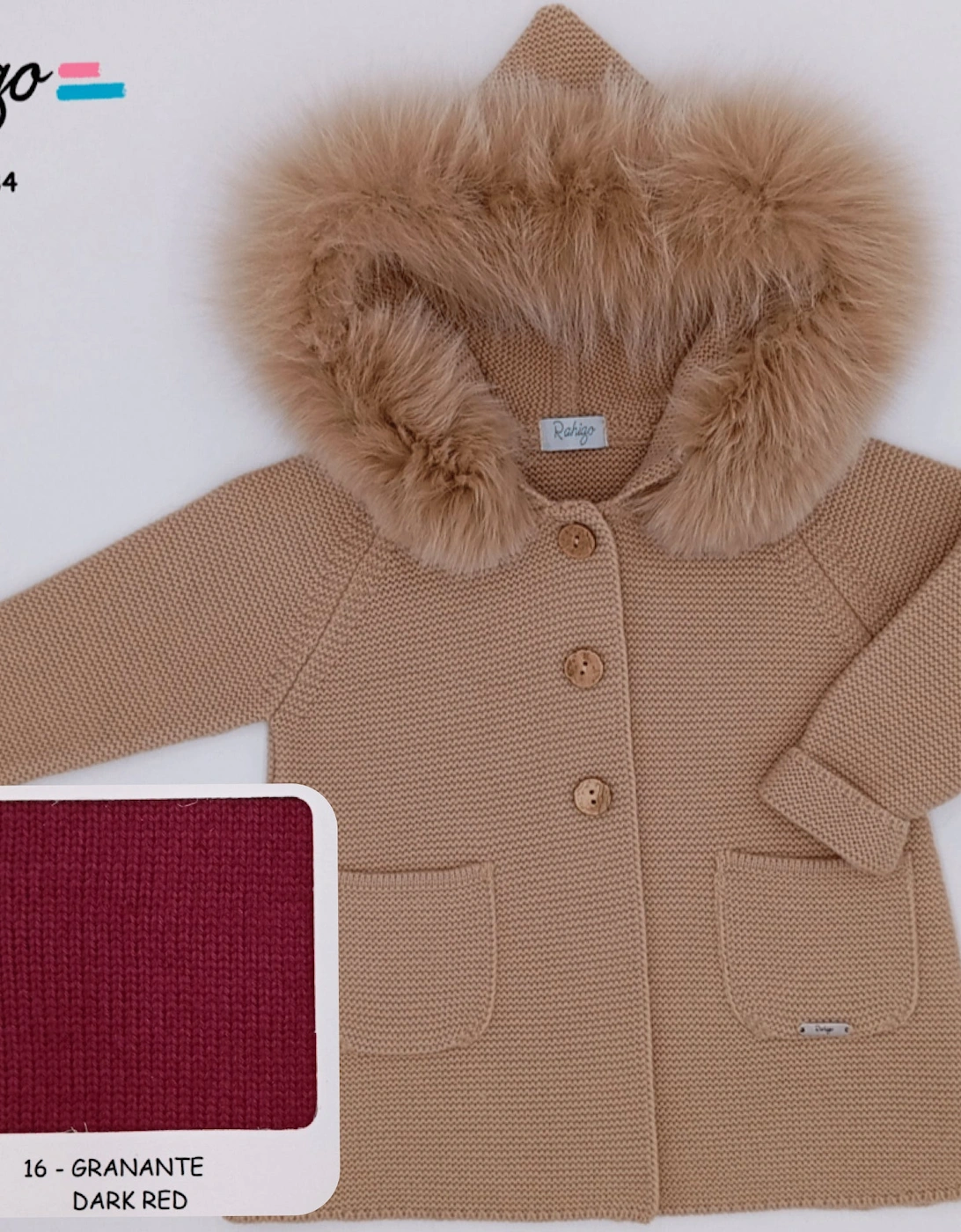 Girls Dark Red Knit Fur Trim Cardigan, 2 of 1
