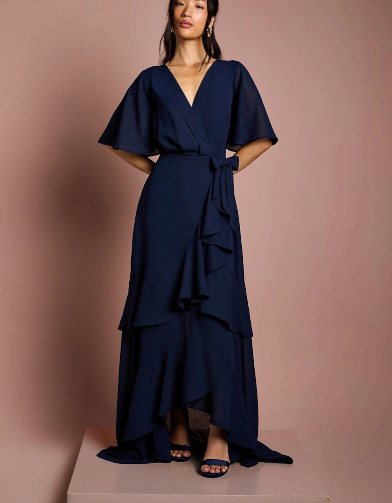 Angel Sleeve Tiered Bridesmaids Maxi Dress