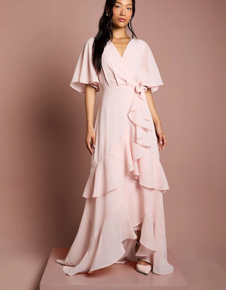 Angel Sleeve Tiered Bridesmaids Maxi Dress