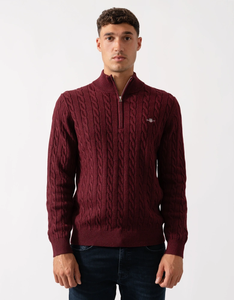 Mens Cotton Cable Half Zip Jumper - 677 Bordeaux Melange
