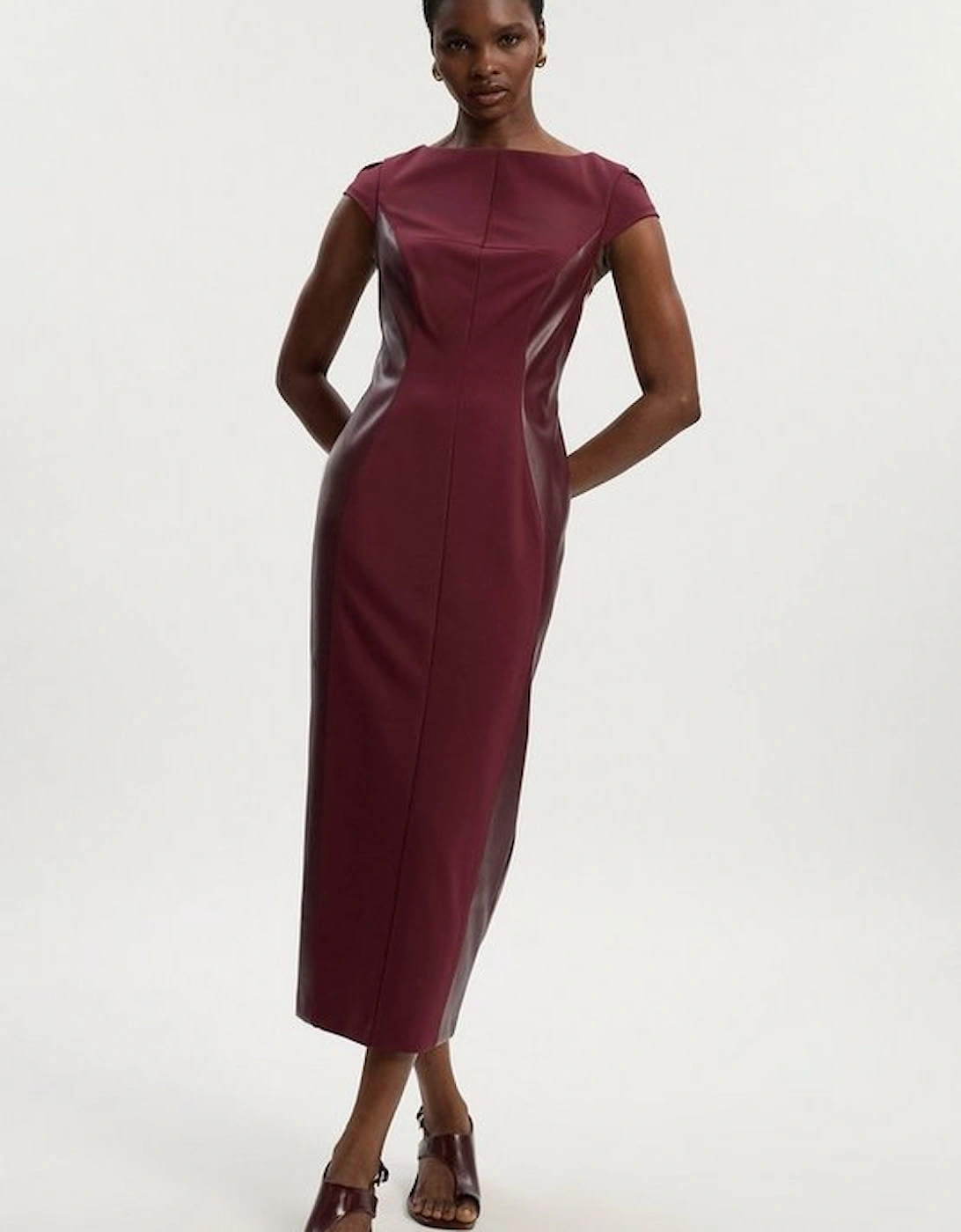Ponte And Pu Mix Short Sleeve Tailored Pencil Midi Dress, 4 of 3