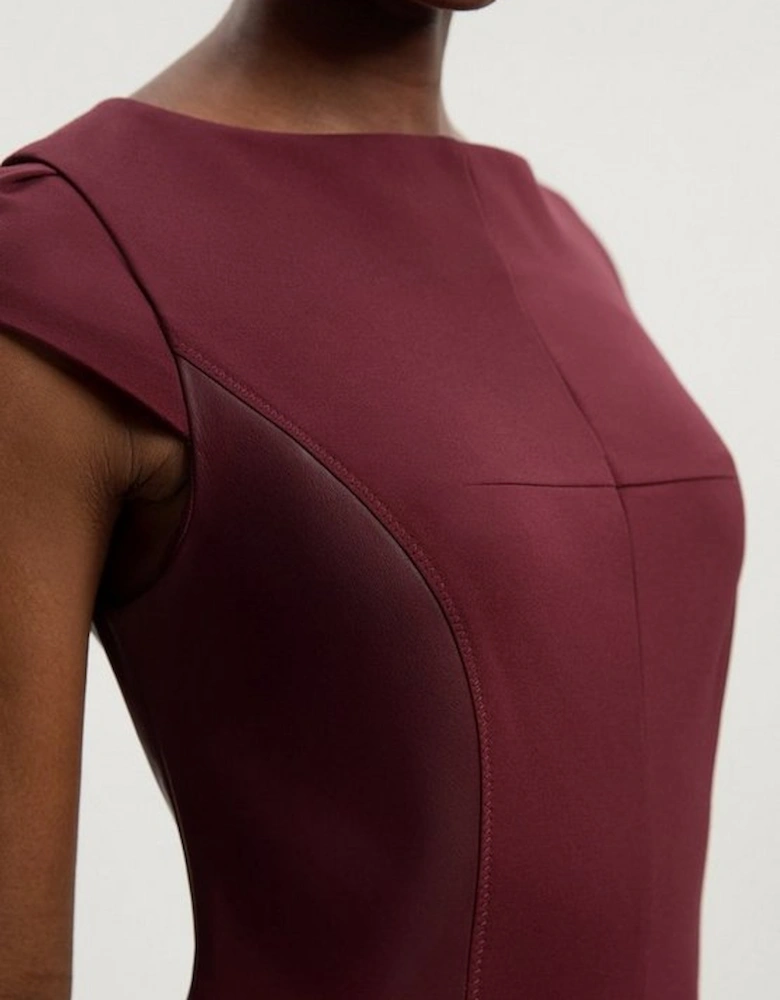 Ponte And Pu Mix Short Sleeve Tailored Pencil Midi Dress