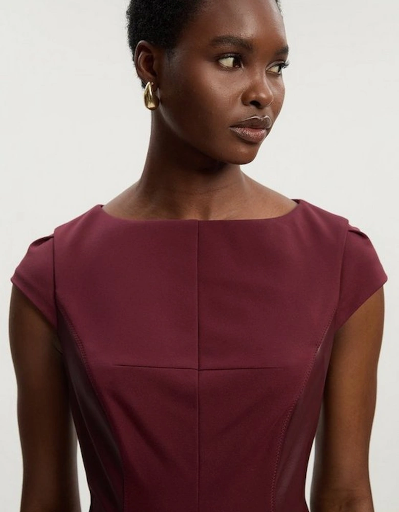 Ponte And Pu Mix Short Sleeve Tailored Pencil Midi Dress