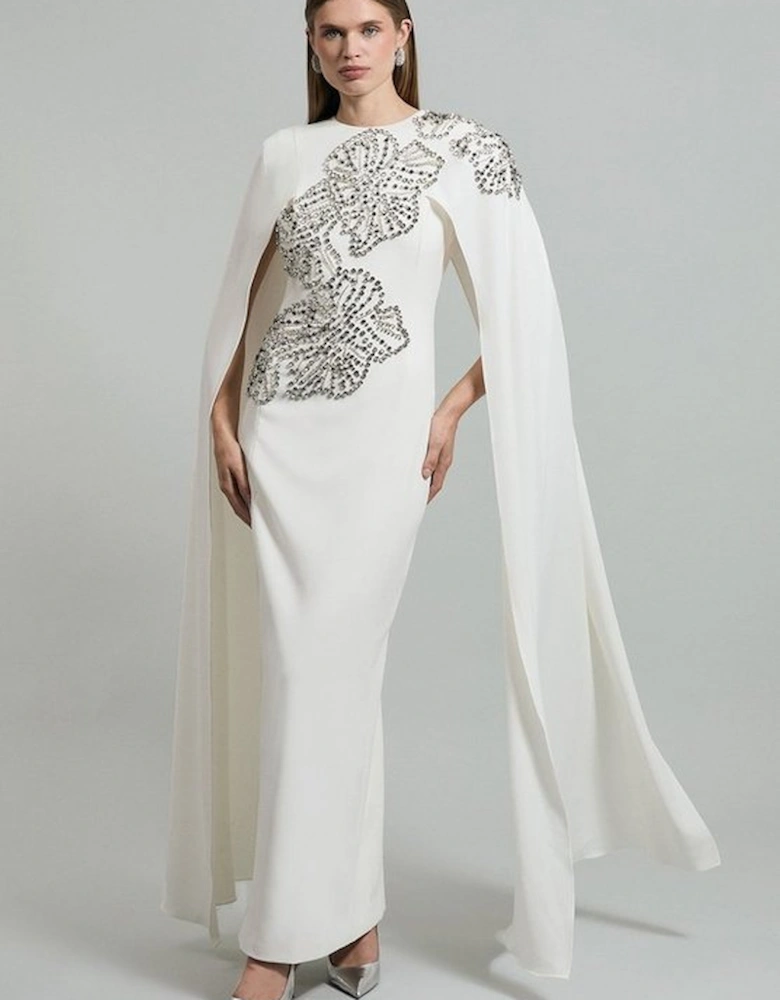 Petite Placed Floral Crystal Embellished Tailored Drama Cape Maxi Dress
