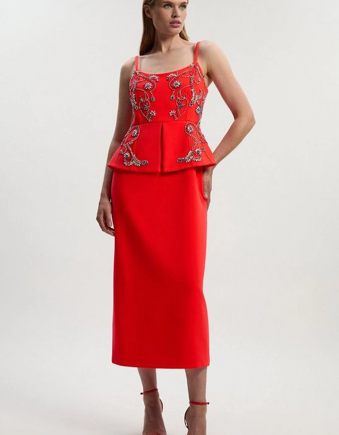 Crystal Embellished Peplum Bandeau Pencil Midi Dress, 4 of 3