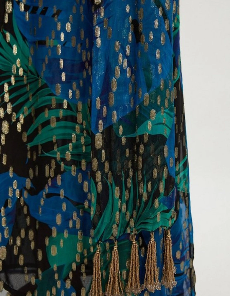 Viscose Metallic Palm Print Halter Neck Maxi Dress