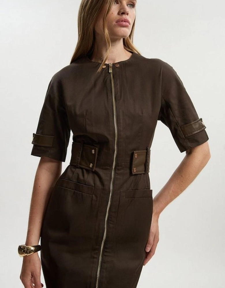 Cotton & Faux Leather Tab Utility Midi Dress