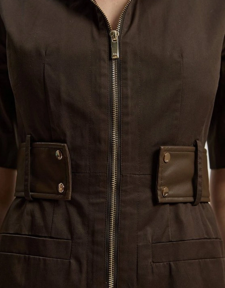 Cotton & Faux Leather Tab Utility Midi Dress