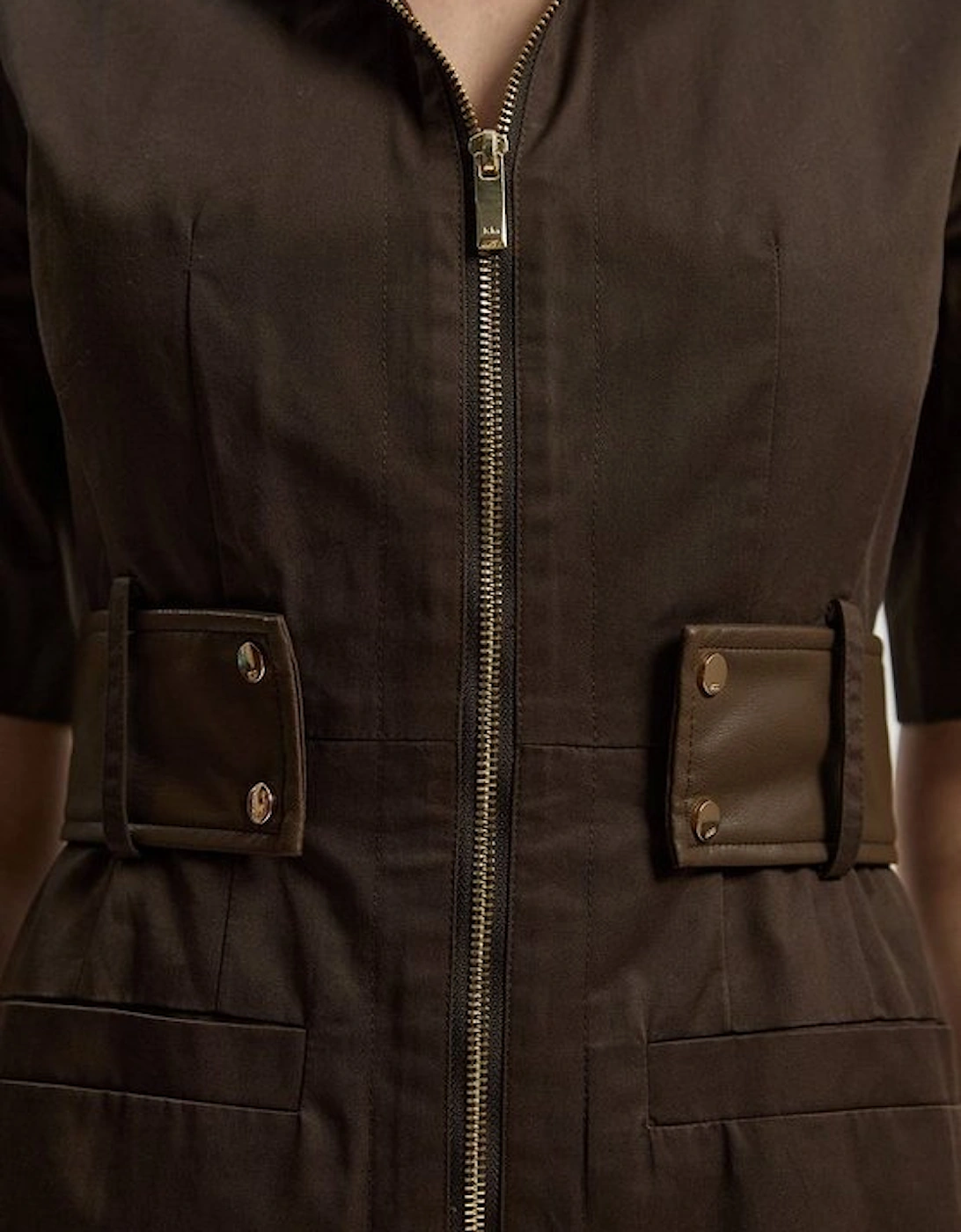Cotton & Faux Leather Tab Utility Midi Dress