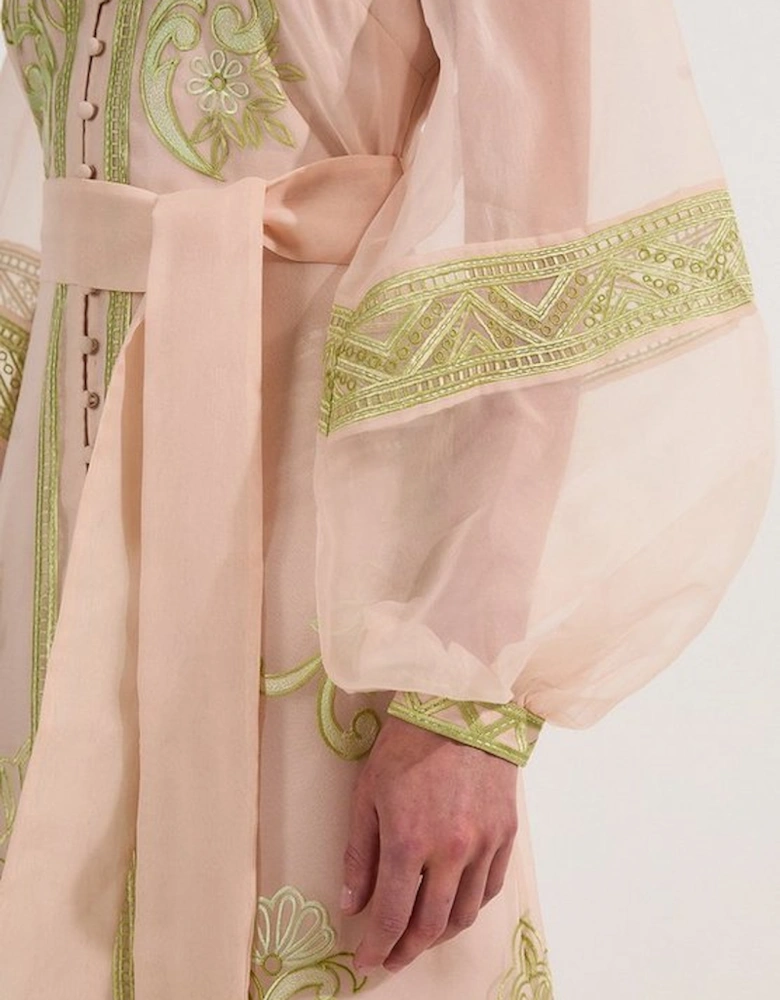 Embroidered Organdie Balloon Sleeve Woven Maxi Dress