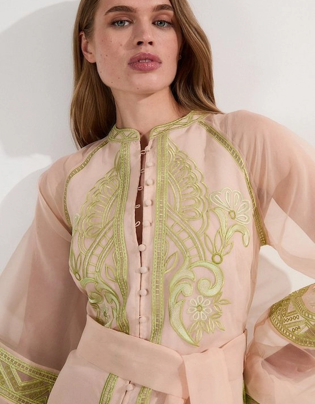 Embroidered Organdie Balloon Sleeve Woven Maxi Dress