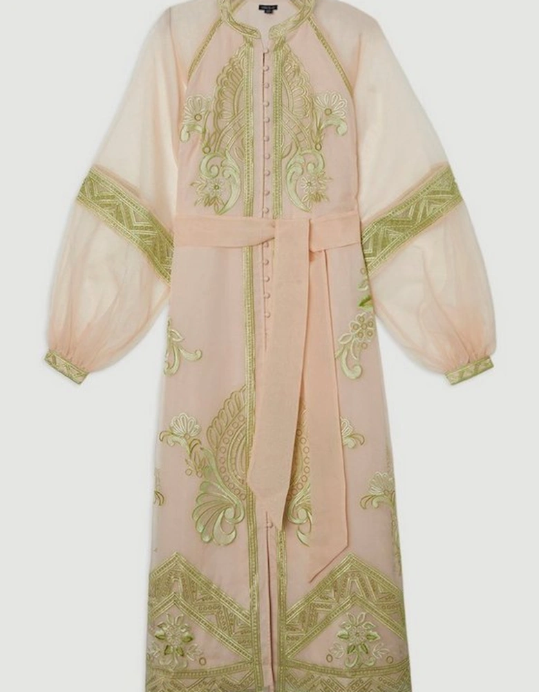 Embroidered Organdie Balloon Sleeve Woven Maxi Dress