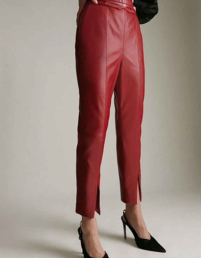 Leather High Waist Split Hem Slim Leg Trouser