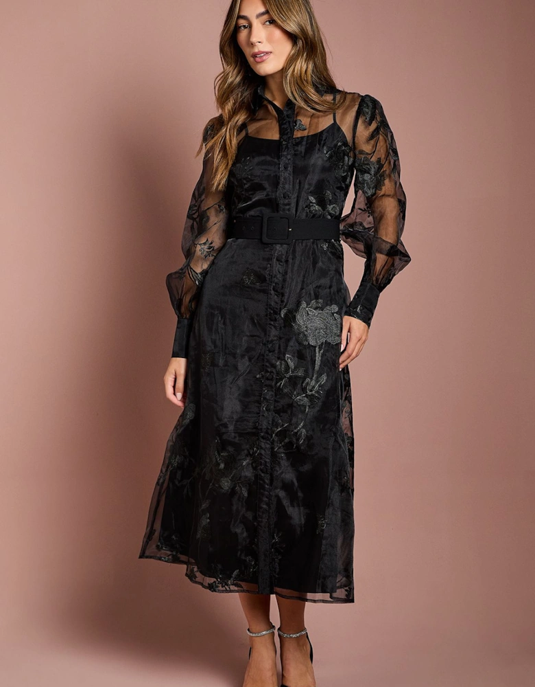 Long Sleeve Embellished Organza Shirt Dress