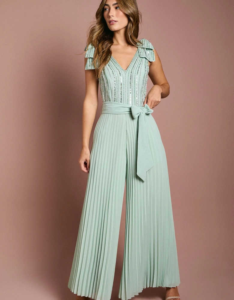Embellished Bow Shoulder Wide Leg Jumpsuit